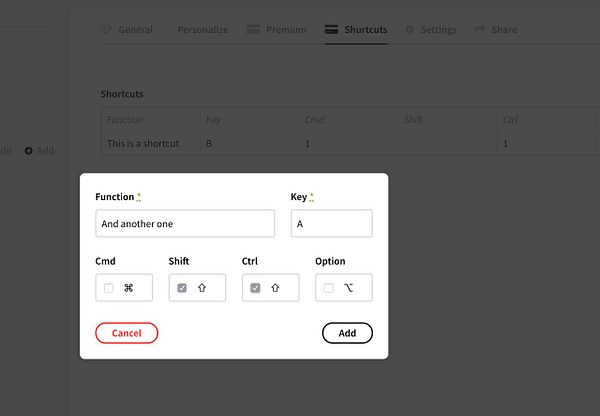 The image shows a user interface for managing keyboard shortcuts, with fields for a new shortcut entry.