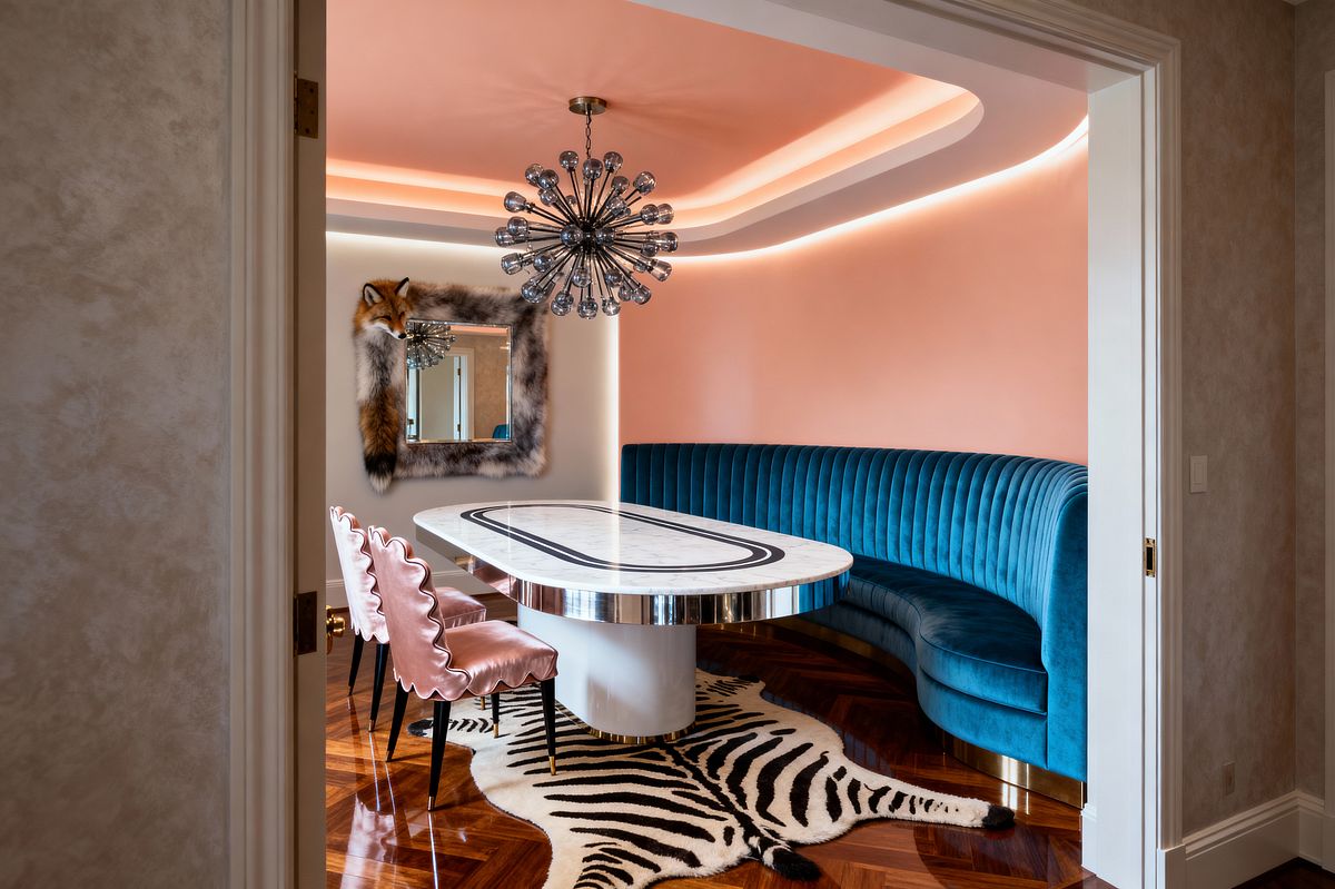 Room AI – Peach Glow Dining with Teal Velvet Banquette - Interior