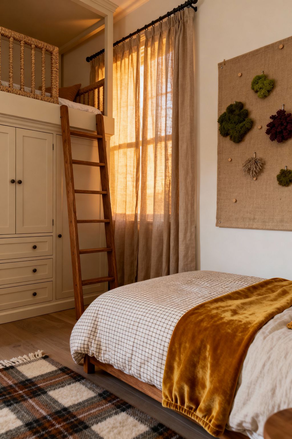 Kids' room with a built-in loft bed over cream cabinetry, featuring a jute-rope guardrail and a stained wood ladder; in front, a low wood bed is dressed in a taupe-and-white grid duvet with a mustard velvet throw, on light wood flooring with a brown-and-cream plaid rug. Sheer linen curtains glow with warm daylight, while a burlap wall panel dotted with moss clusters and dark hardware and rod add simple contrast.