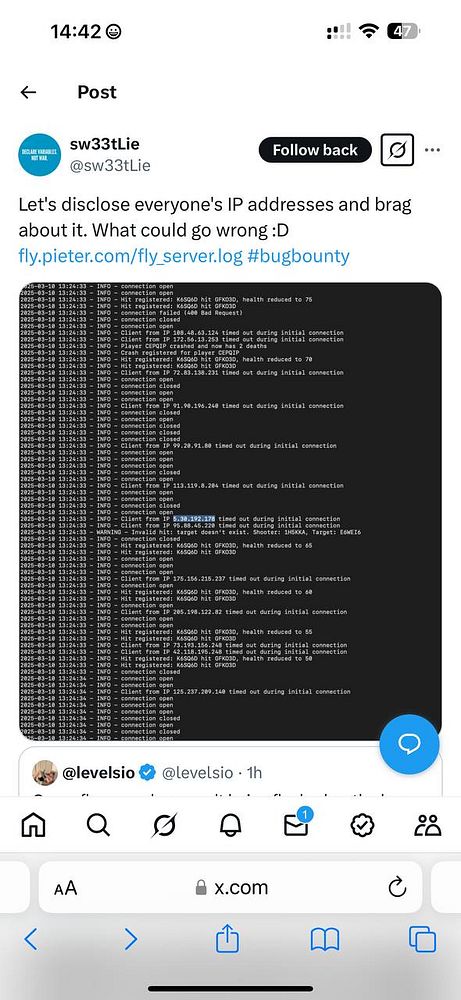 A screenshot of a Twitter post discussing the disclosure of IP addresses with a log file displayed.