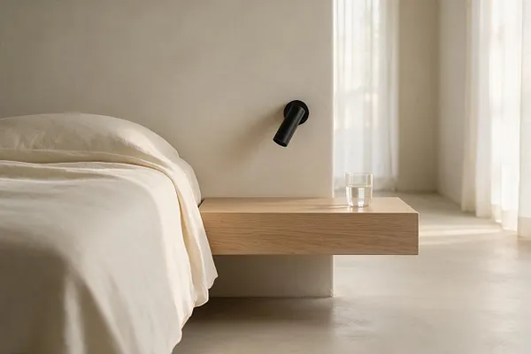 A serene minimalist bedroom corner with a bed dressed in soft white bedding beside a floating oak nightstand attached to a pale wall. A small black wall light and a clear glass of water sit against warm neutral tones, with sheer curtains filtering daylight from the window.