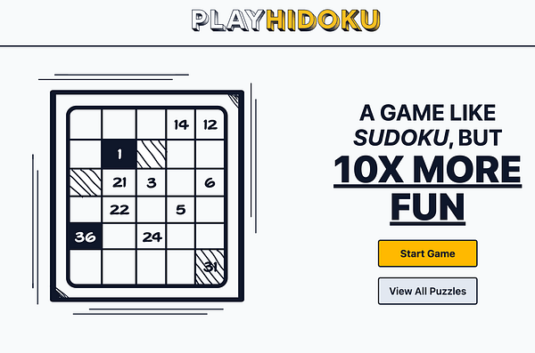 The image features a promotional layout for a game called Hidoku, showcasing a puzzle grid and call-to-action buttons.