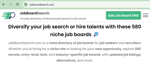 The image displays a webpage for JobBoardSearch, highlighting its features and offerings.