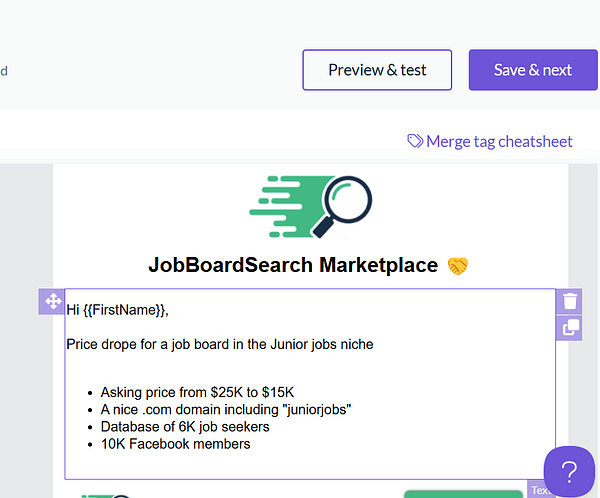 The image displays a newsletter draft for the JobBoardSearch Marketplace announcing a price drop.