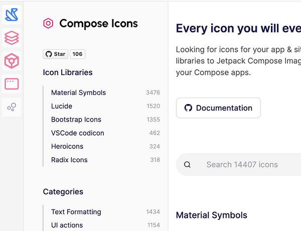 The image displays a user interface for a library of icons related to Jetpack Compose.