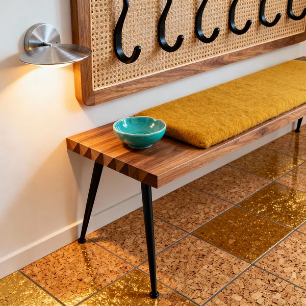 A mid-century mudroom vignette featuring a walnut bench on black hairpin legs with a mustard wool cushion and a small turquoise ceramic bowl on top. Behind the bench is a rattan cane panel framed in walnut with matte black curved hooks, lit by a brushed stainless saucer wall sconce against a warm white wall. The floor is tiled with natural cork squares interspersed with shimmering metallic-gold tiles, creating a warm, retro palette with rich textures.