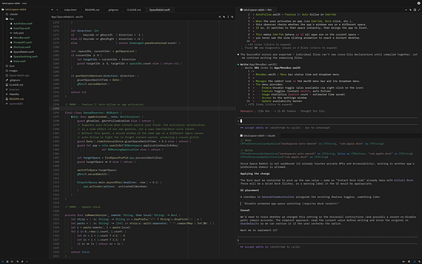Screenshot of the Space Rabbit macOS app showing a Pomodoro timer running with settings and tracking details.