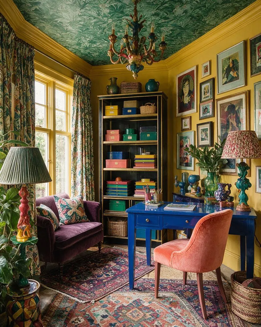 A sunroom filled with bold maximalist decor, featuring mustard yellow walls, a green botanical ceiling, and a multicolored chandelier. Floral curtains frame the windows, while a purple velvet loveseat, bright blue desk, coral accent chair, and layered patterned rugs create a richly textured, eclectic space.
