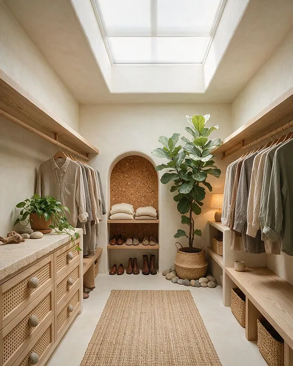 A narrow walk-in closet with a skylight, warm wood shelving, woven storage drawers, and neutral clothing on open rails. A large potted tree, smaller plants, stone accents, and a cork-backed niche add a calm biophilic feel.