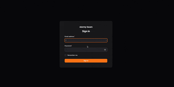 A login interface for an app builder named 'stormy-beam' is displayed.