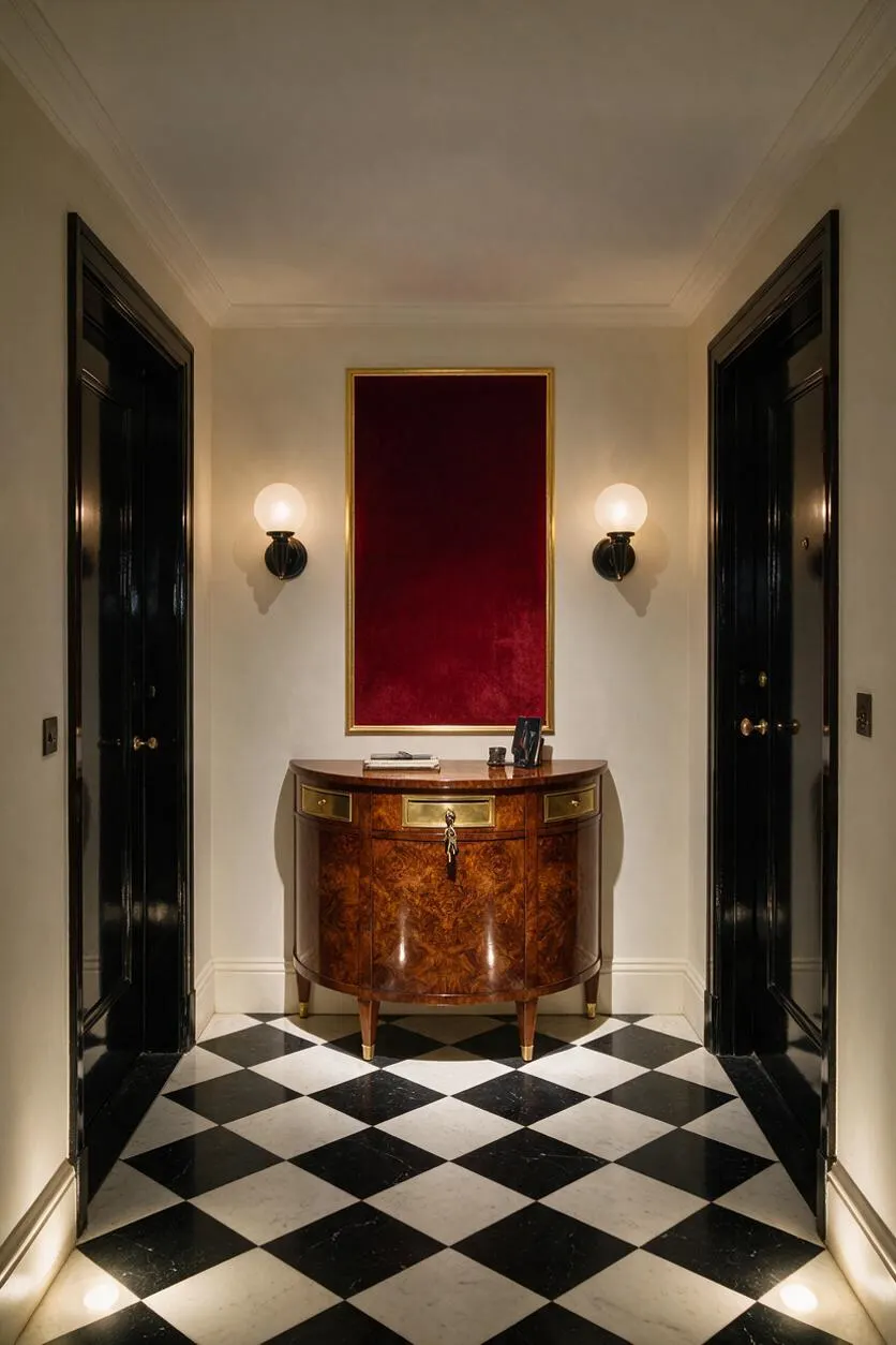 A narrow Art Deco entryway with glossy black doors on both sides, cream walls, and a black-and-white diamond checkered floor. At the far end sits a curved burl-wood console table with brass accents beneath a large red velvet-framed wall panel, flanked by two globe wall sconces.