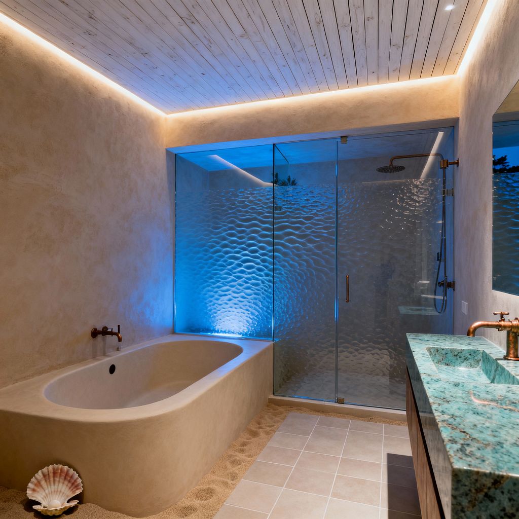 A serene coastal bathroom features a built-in smooth plaster tub next to a walk-in shower enclosed with ripple-textured glass glowing blue. Beige plaster walls and a whitewashed wood ceiling with perimeter LED lighting set a calm mood. On the right, a sea-green stone vanity with wall-mounted copper faucets reflects in a large mirror. Pale tiles form a path across a sand-dressed floor, and a seashell decorates the tub corner.