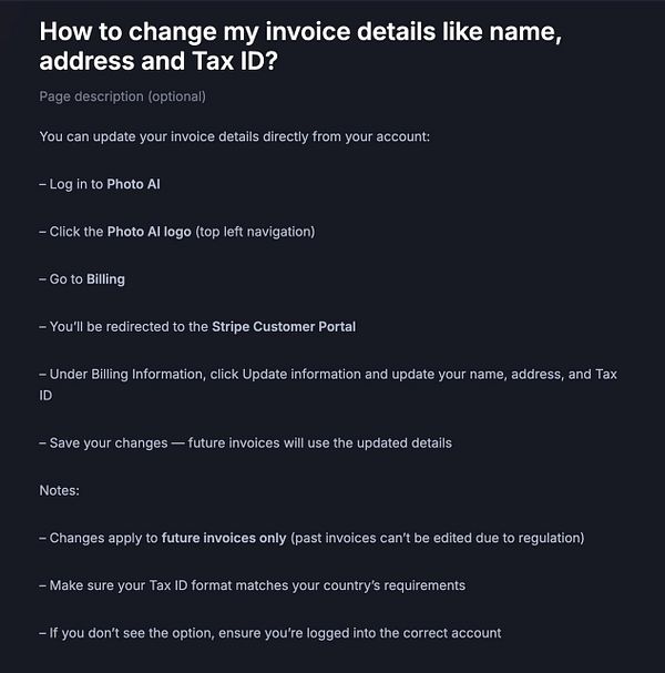 Screenshot of a German-language FAQ section about changing invoice details on PhotoAI's platform with interface elements showing navigation and status.