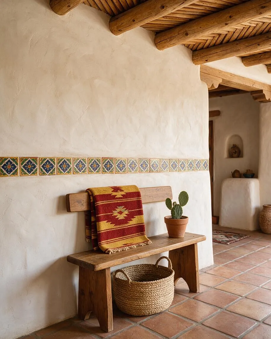 A Southwestern-style entryway with smooth white stucco walls, exposed rustic wood beams, and a decorative band of colorful patterned tile running horizontally along the wall. A simple wooden bench holds a folded red-and-gold woven blanket and a small potted cactus, with a woven basket tucked underneath on terracotta floor tiles.