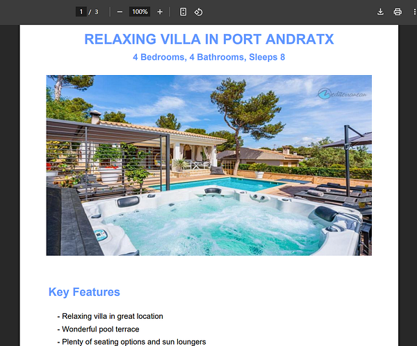 A PDF brochure showcasing a relaxing villa in Port Andratx with a pool and hot tub.