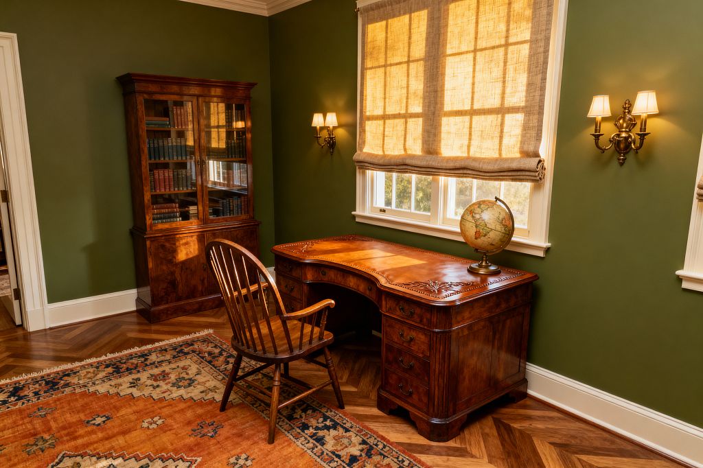 Traditional home office with olive green walls and white trim. A serpentine mahogany desk with a brown leather inlay sits before two windows dressed in beige linen Roman shades, flanked by antique-brass double-arm sconces. A Windsor wood chair faces the desk with a vintage globe on top, while a glass-front bookcase filled with books stands at left. Herringbone oak flooring and a rust-and-blue patterned rug complete the warm, library-like space.