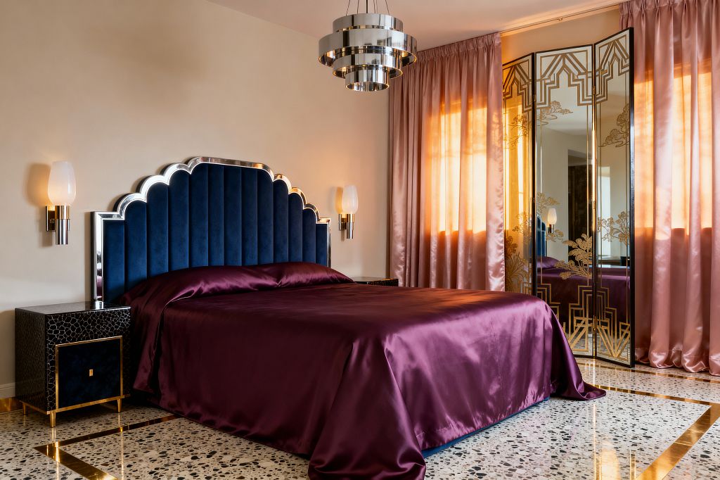 A glamorous Art Deco bedroom with a scalloped, channel-tufted navy velvet headboard trimmed in chrome behind a bed dressed in plum satin. Black textured nightstands with brass bases sit on each side under opal glass sconces. A tiered chrome chandelier hangs overhead. To the right, blush pink curtains frame a mirrored screen etched with gold geometric and floral motifs. The room has cream walls and a terrazzo floor with brass inlay, reflecting warm evening light.