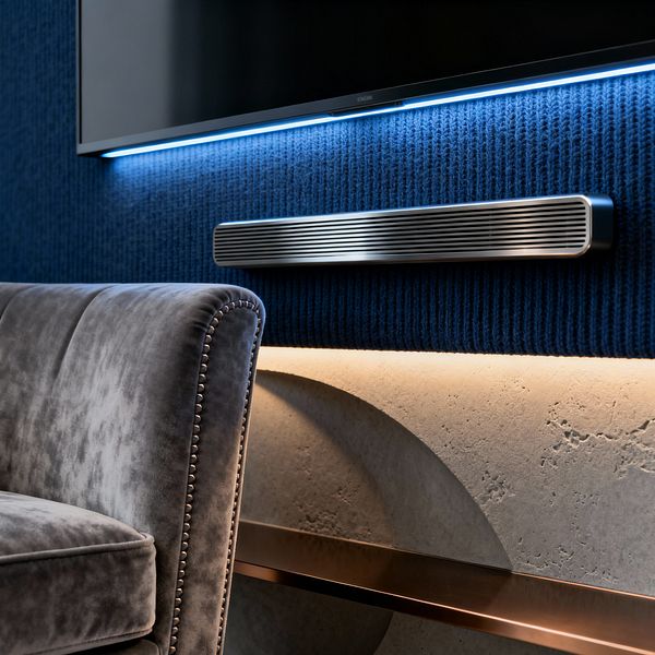 Close-up of a modern media wall shows the lower edge of a wall-mounted TV with a blue LED glow, a slim brushed-metal soundbar fixed to ribbed navy acoustic paneling, and a warm LED strip grazing a light gray, stone-textured surface with a shallow arched detail and bronze-finish shelf. In the foreground sits a charcoal gray velvet armchair with nailhead trim, emphasizing soft texture against sleek metal and stone.