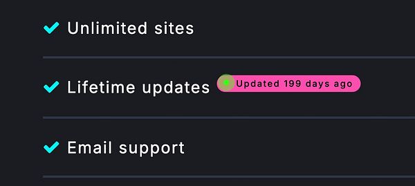 A pricing table highlighting features with a focus on the 'Updated 199 days ago' note.