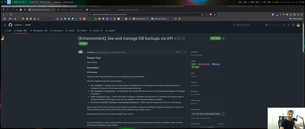 A screenshot of a GitHub issue page detailing a feature request for Coolify.