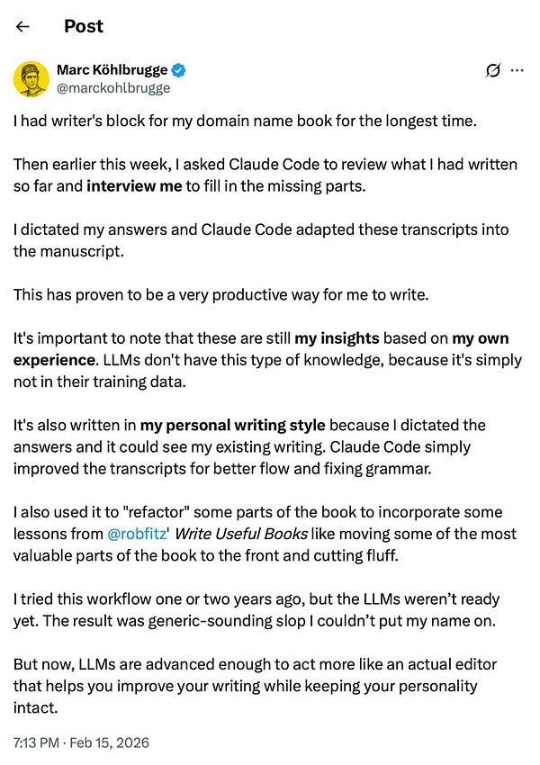 Screenshot of the Claude chat interface showing a conversation where the user dictates a passage, which Claude rewrites in the user's personal writing style.