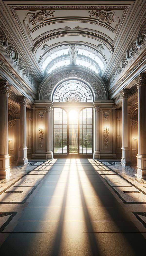 a grand entrance hall with a Palladian window allowing natural light to flood the space, highlighting the window's elegant arch and balanced sidelights
