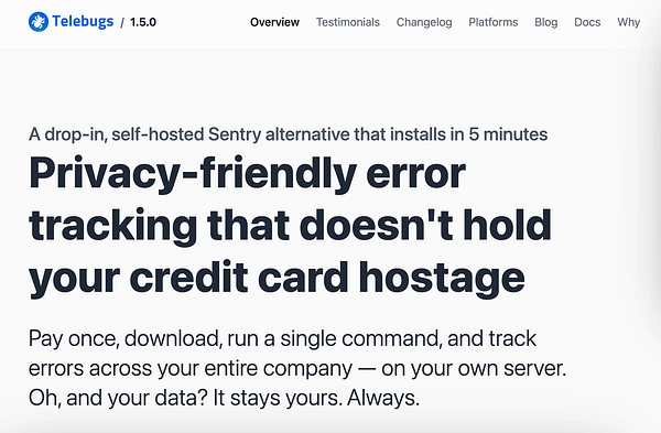 The image displays a webpage for Telebugs, a self-hosted error tracking solution.