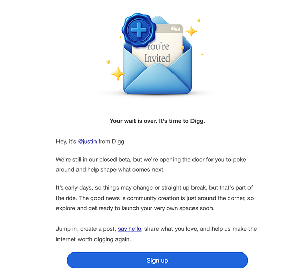 An invitation email from Digg announcing the opening of their closed beta.