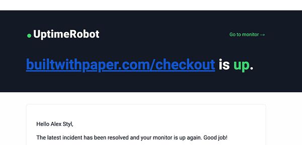 The image displays a notification from UptimeRobot indicating that the checkout page is operational.