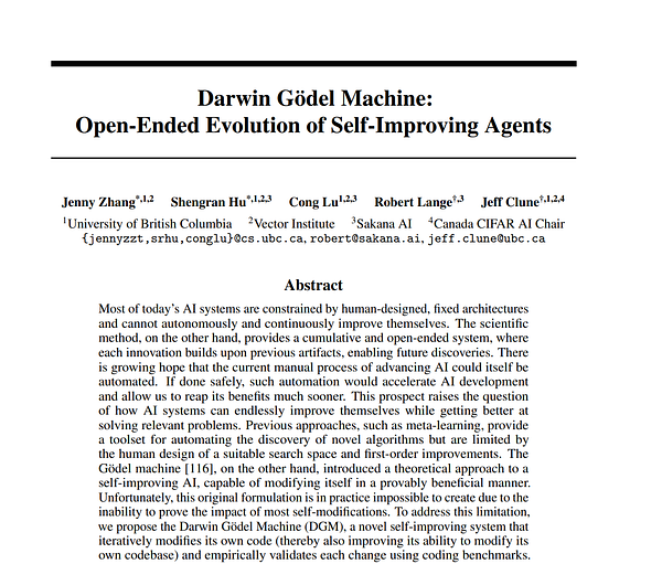 The image displays the title page and abstract of a research paper on the Darwin Gödel Machine.