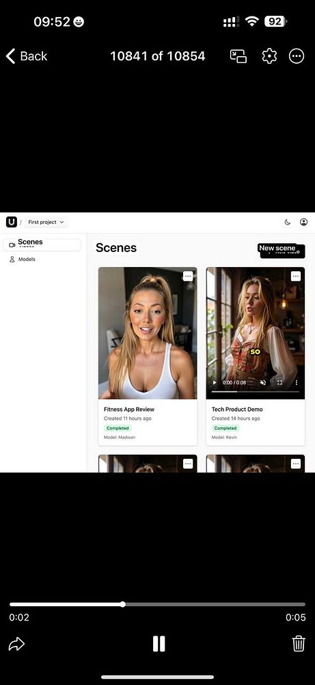 The image displays a user interface for managing video scenes in a project.
