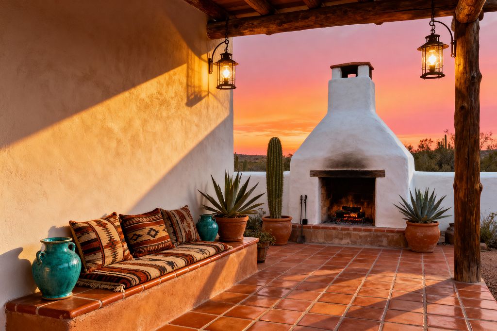 A Southwestern patio at sunset features terracotta Saltillo tile floors, white stucco walls, and a beehive-style outdoor fireplace with a small fire burning. A built-in stucco bench with kilim-pattern cushions sits beside agave and cactus in clay pots, turquoise-glazed pottery, rustic log posts, exposed vigas, and wrought-iron lanterns casting warm light across the scene.