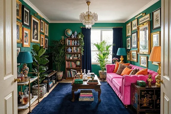 A Maximalist living room in the Emerald and Pink palette
