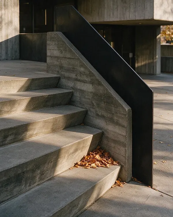 A Brutalist exterior stairway made of raw concrete rises beside a tall, angular black metal guardrail. The heavy geometric forms are softened slightly by fallen autumn leaves gathered at the base, with shadow and warm sunlight playing across the gray surfaces.