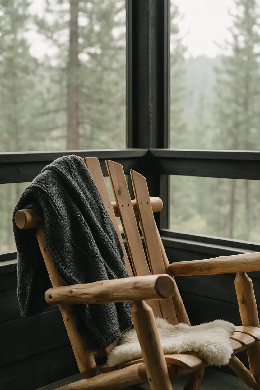 A rustic wooden chair sits on a screened porch, with a dark knit throw draped over the back and a cream sheepskin cushion on the seat. Large windows reveal a soft-focus forest view outside.