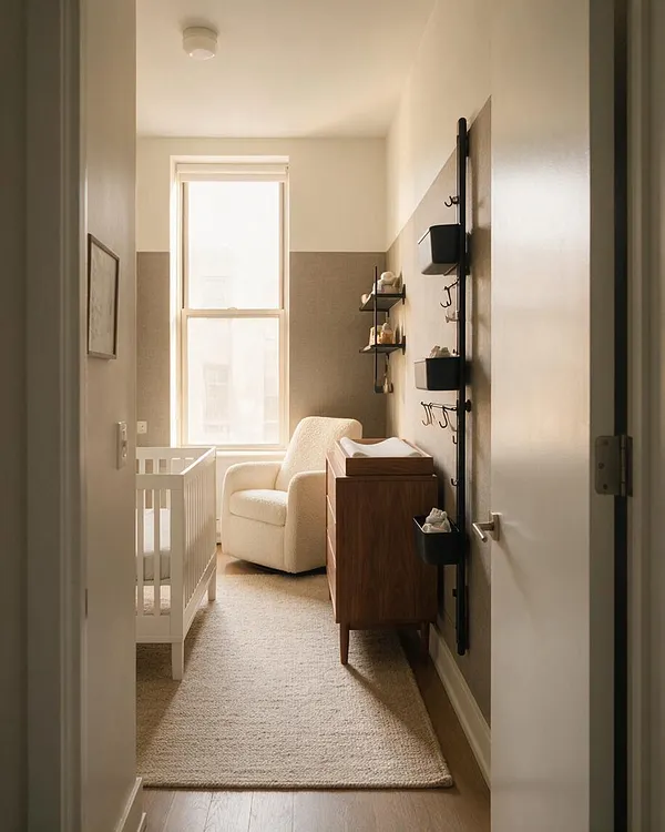 A modern nursery with a white crib on the left, a cream upholstered rocking chair near the window, and a warm walnut changing dresser on the right. Soft beige walls, a textured neutral rug, and black wall-mounted storage accents create a calm, minimalist space filled with natural light.