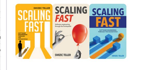 Three book cover mockups for 'Scaling Fast' by Swizec Teller are displayed.