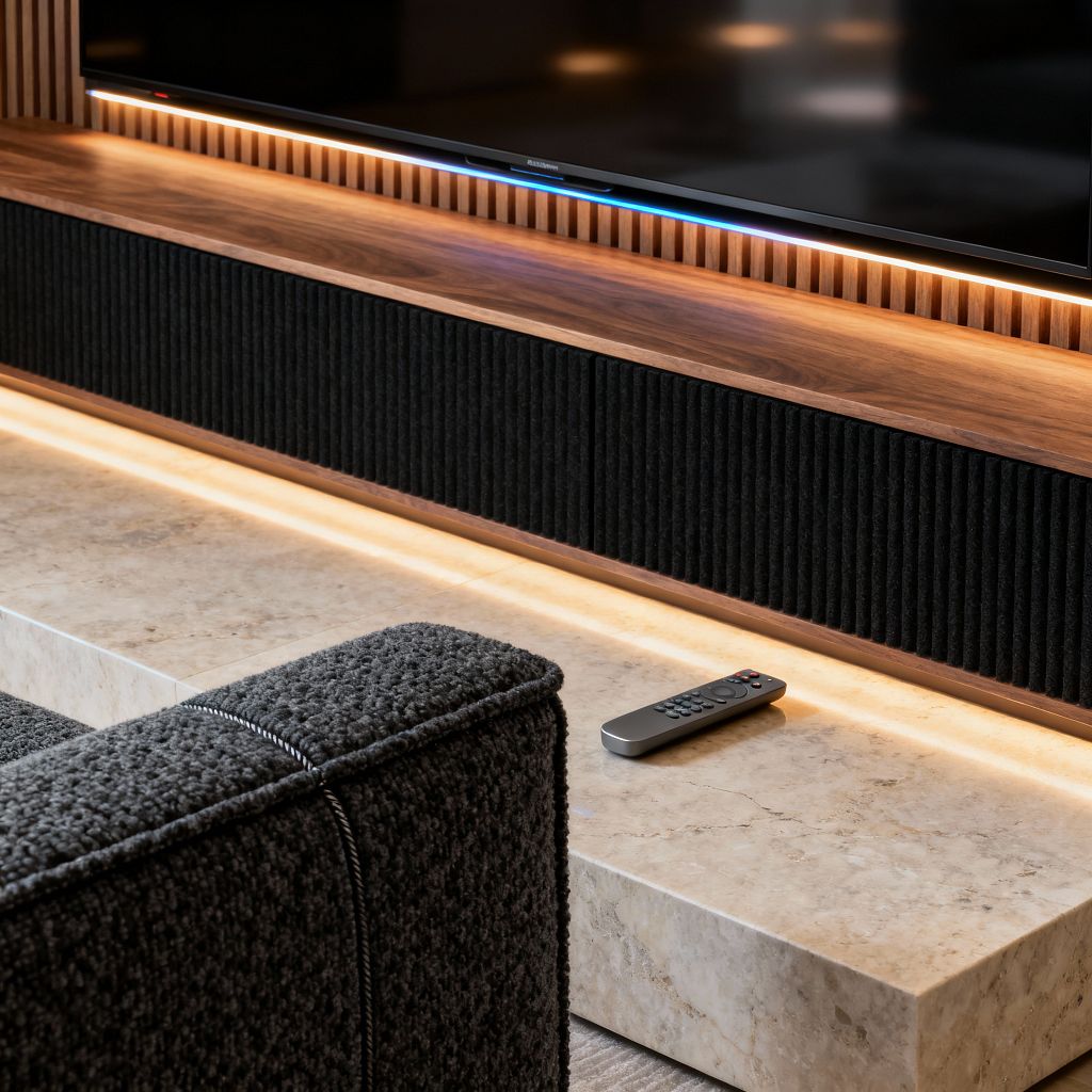 Close-up of a modern media room featuring a flat-screen TV above a floating walnut shelf with a vertical wood-slat backdrop. Beneath it is a ribbed black acoustic panel, while a thick honed light-beige stone ledge, underlit with warm LED strips, extends toward a charcoal bouclé sofa arm. A remote rests on the stone, and the warm glow highlights clean lines, layered textures, and a minimal, tailored look.
