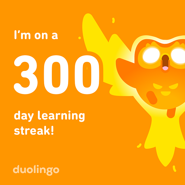 A vibrant graphic celebrating a 300-day learning streak on Duolingo.