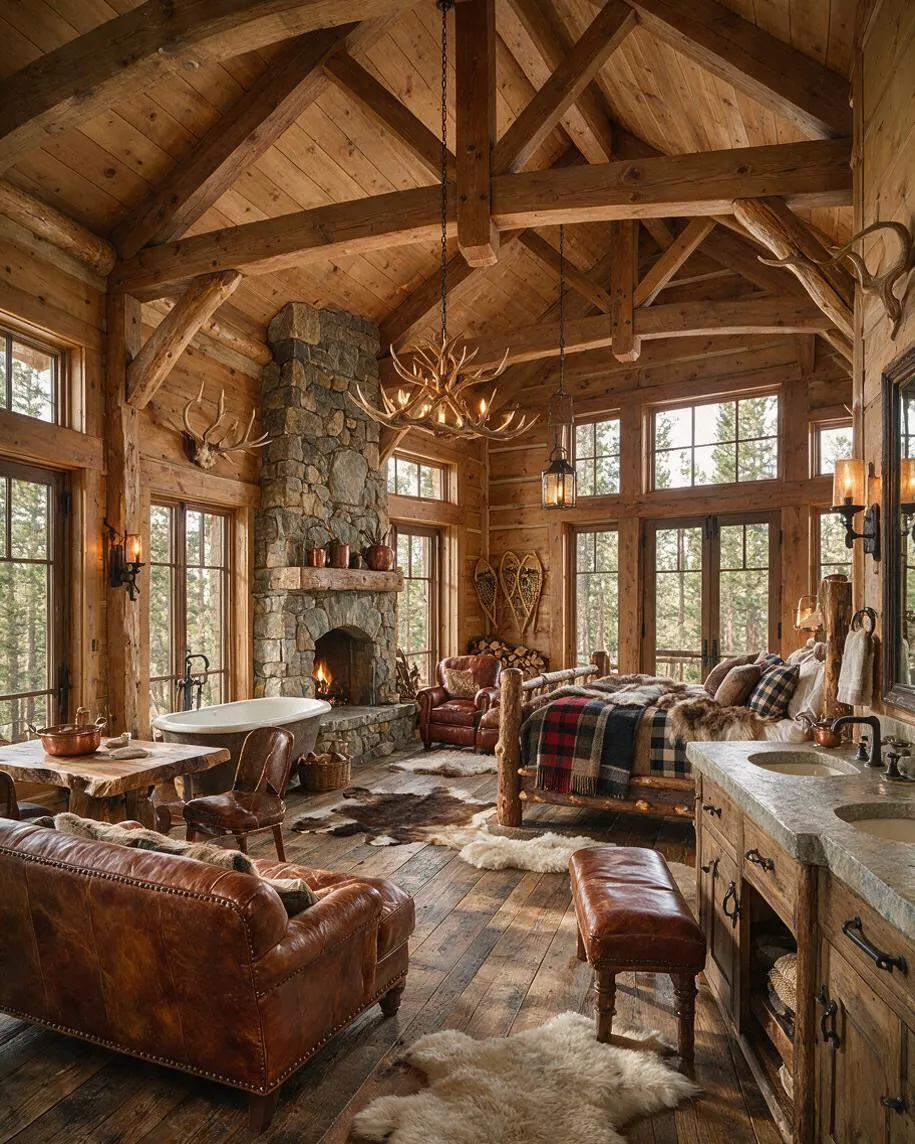 A spacious rustic master bathroom with exposed timber beams, wood-paneled walls and ceiling, and a large stone fireplace as the focal point. The room includes a freestanding bathtub, leather seating, a double vanity with stone countertop, and oversized windows overlooking the outdoors.