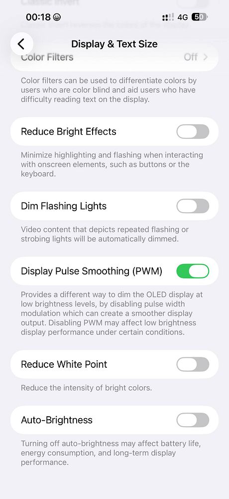 Screenshot of an iPhone settings screen showing the Display & Brightness options with the brightness slider and toggles for True Tone, Night Shift, and Auto-Lock.