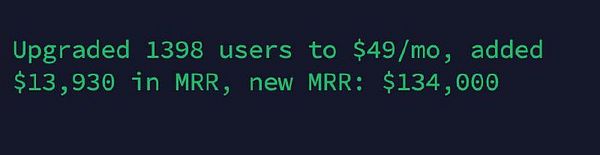 The image displays a terminal output showing user upgrade statistics and financial metrics.
