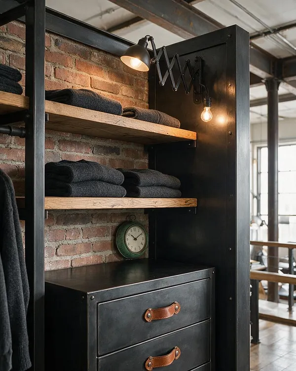 A closet in industrial style with black metal framing, open wood shelves, and a brick backdrop. Folded dark textiles sit on the shelves above a black drawer unit with leather pulls, while a scissor wall lamp adds warm light.