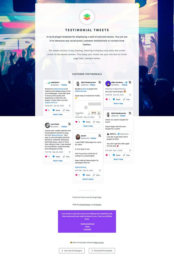 Screenshot of the Testimonial Tweets plugin interface showing a list of testimonials with Twitter avatars and handles.