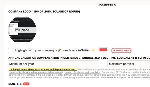 The image displays a job posting interface with various input fields and instructions regarding salary disclosure.