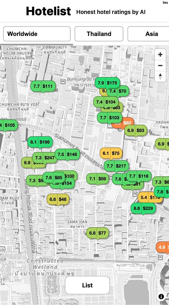 Mobile phone displaying a black and white hotel room booking interface with a map and booking details.