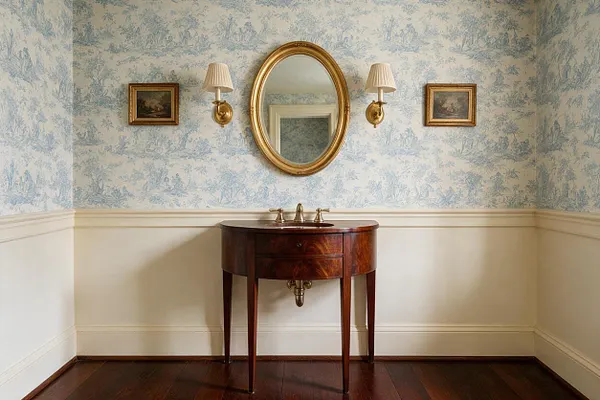 A traditional powder room with pale blue toile wallpaper above cream wainscoting, a dark wood pedestal vanity, and a round gold-framed mirror centered on the wall. Matching brass wall sconces with cream shades flank the mirror, and small framed artworks add symmetry and a classic, refined feel.