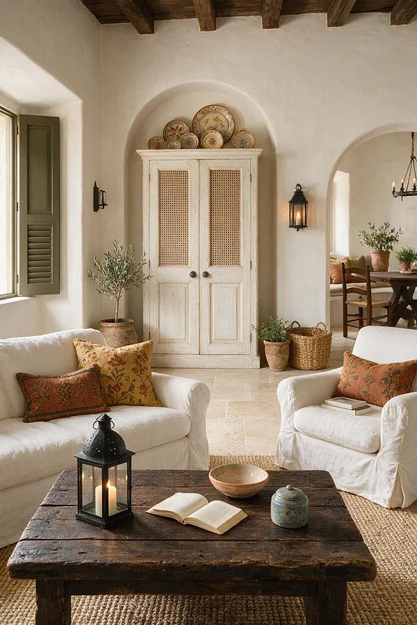 A Mediterranean-style living room with white slipcovered sofas, warm terracotta and floral cushions, a dark rustic wood coffee table, and a woven jute rug. The room features plaster walls, exposed dark ceiling beams, arched wall niches, a vintage cabinet with woven cane doors, and decorative pottery and lanterns.