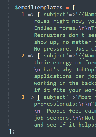 Screenshot of an email marketing campaign editor with the subject line and email content displayed.