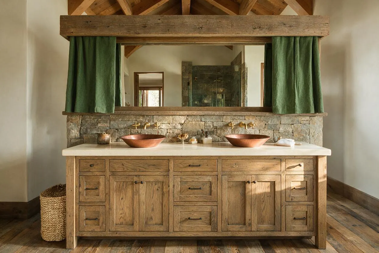 A rustic master bathroom features a large reclaimed wood double vanity with many drawers and cabinet doors, topped with a pale stone counter and two copper vessel sinks. A rough stone backsplash, brass wall-mounted faucets, green linen curtains, exposed wood beams, and a wide mirror complete the warm, natural look.